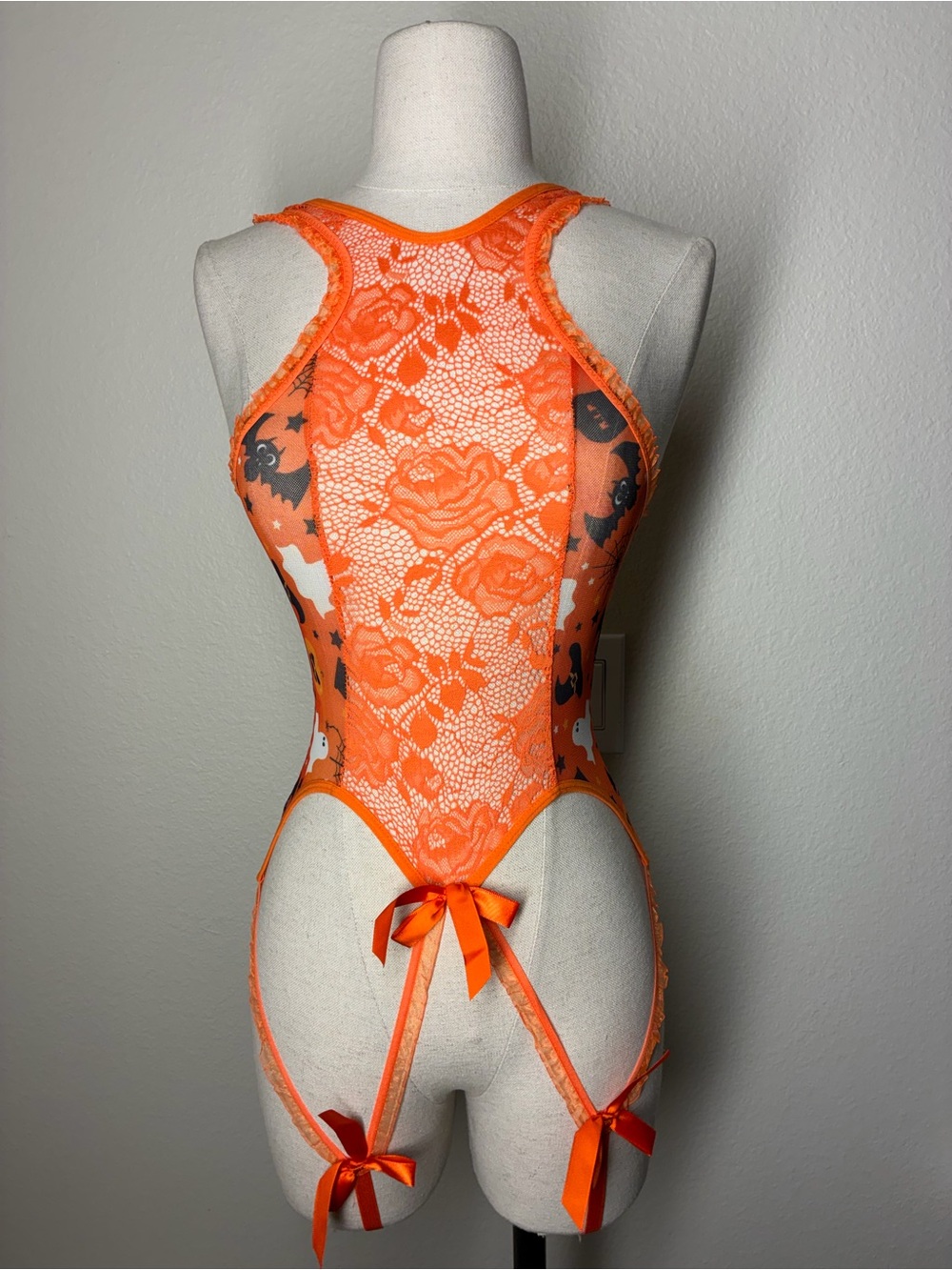 NWT Avidlove Sheer Floral Lace Halloween Orange Teddy Bodysuit with Bow Details